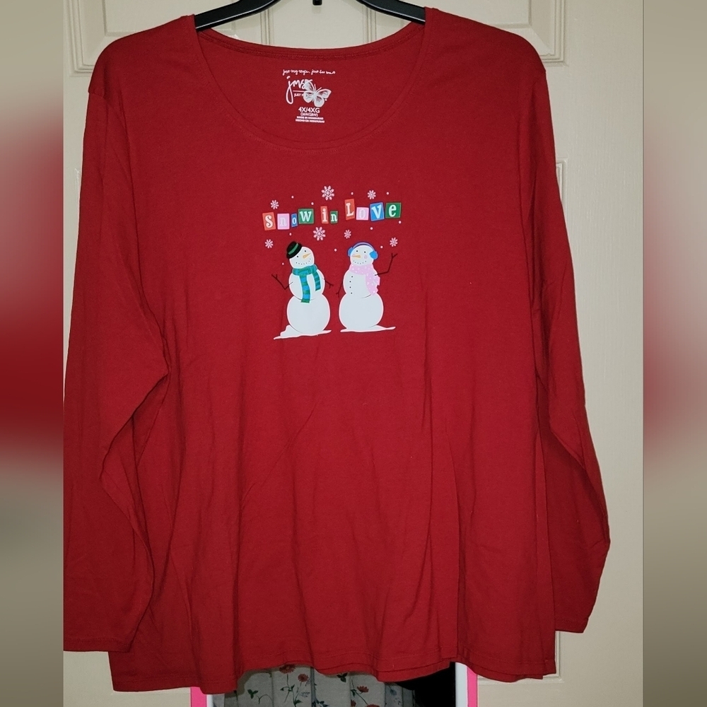 #069 Just My Size (JMS)- Red Long Sleeve Snowmen Top w "Snow in Love on front"